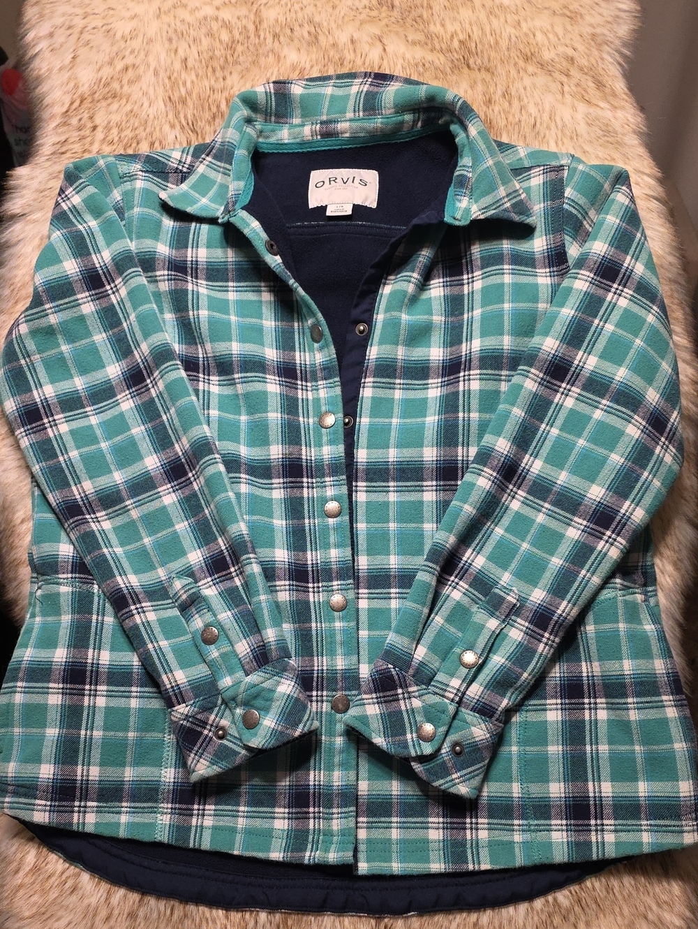Orvis Teal and Navy Plaid Snap-Front Casual Shirt